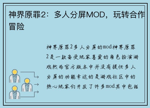 神界原罪2：多人分屏MOD，玩转合作冒险